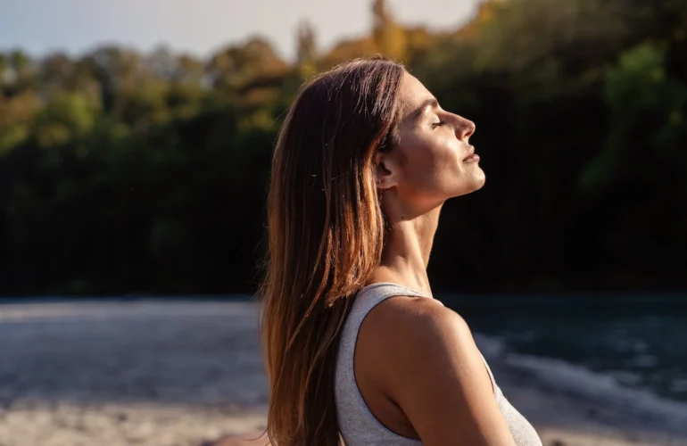 A woman practices self-compassion.